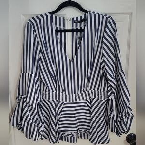INA (i:na) Navy and White Striped Ruffle Sleeve Blouse (Boston Proper)